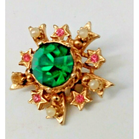 Vintage Coro Star Brooch Green & Pink Rhinestone Pearl seed bead 1 1/4" - Picture 2 of 9